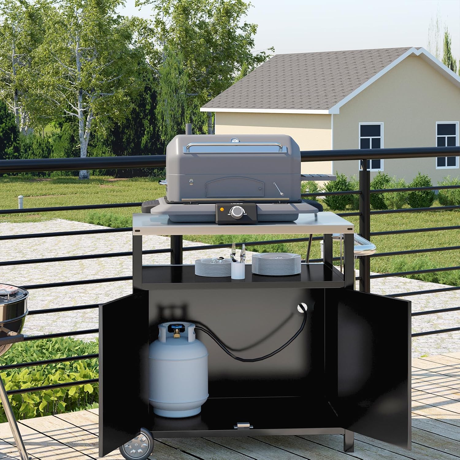 Stainless Steel Outdoor Grill Cart Pizza Oven Stand Trolley Table with Wheels Three-Shelf