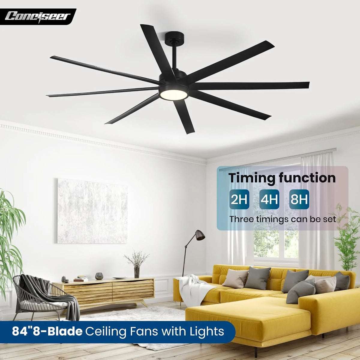 Modern Ceiling Fans with Lights, 72 Inch Ceiling Fan with Light and Remote, Bedroom Living Room Library Cafe Outdoor/Industrial,24W 3CCT Dimmable, 8 Blades 6 Speed Reversible Quiet DC Motor, Black
