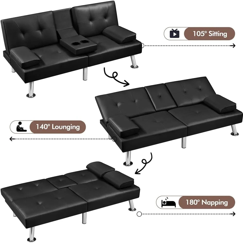 Yaheetech Convertible Sofa Bed Adjustable Couch Sleeper Modern Faux Leather Home Recliner Reversible Loveseat Folding Daybed Guest Bed, Removable Armrests, Cup Holders, 3 Angles, 772lb Capacity, Brown
