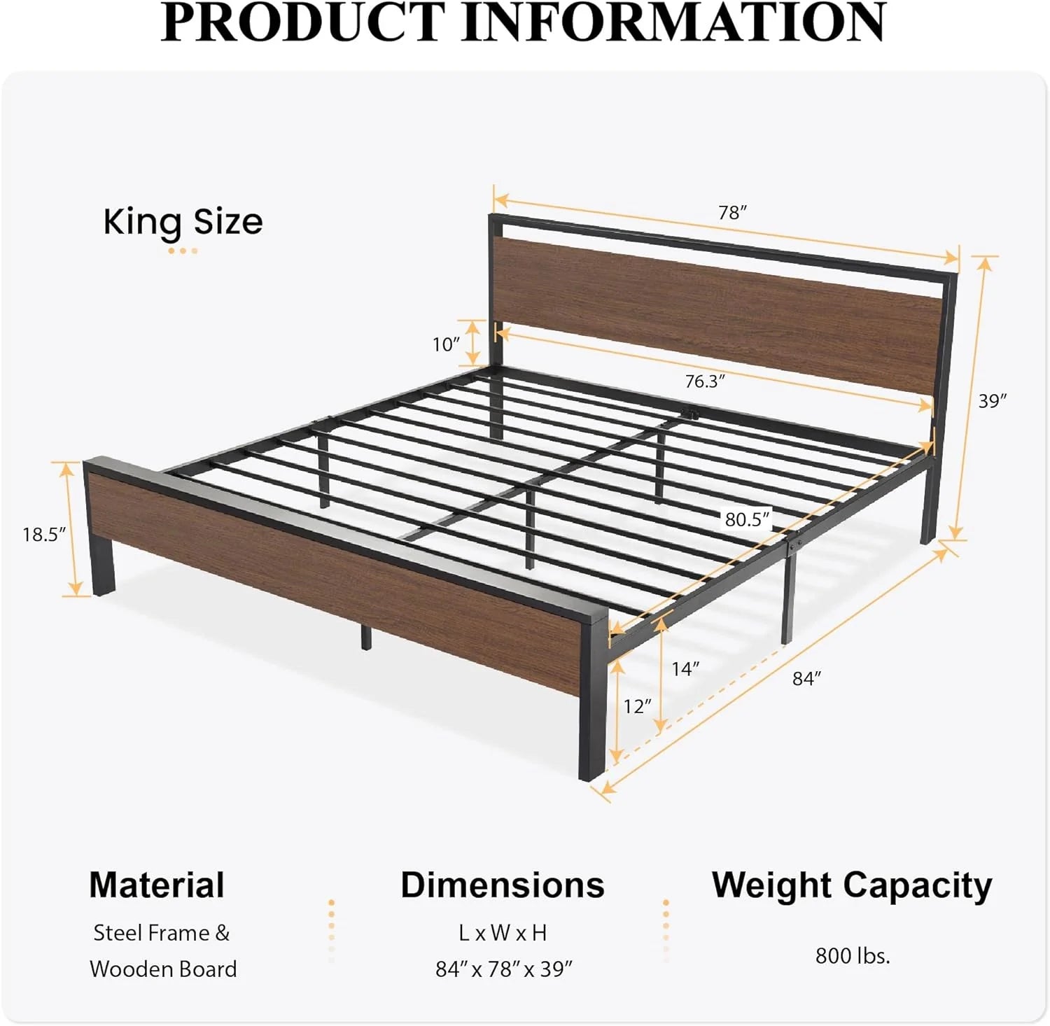 SHA CERLIN 14 Inch Queen Size Metal Platform Bed Frame with Wooden Headboard and Footboard