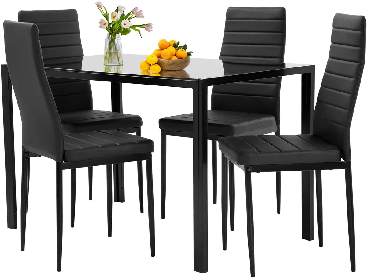 FDW Dining Table Set for 4 Glass Black Dining Table Kitchen Table with 4 Upholstered Chairs