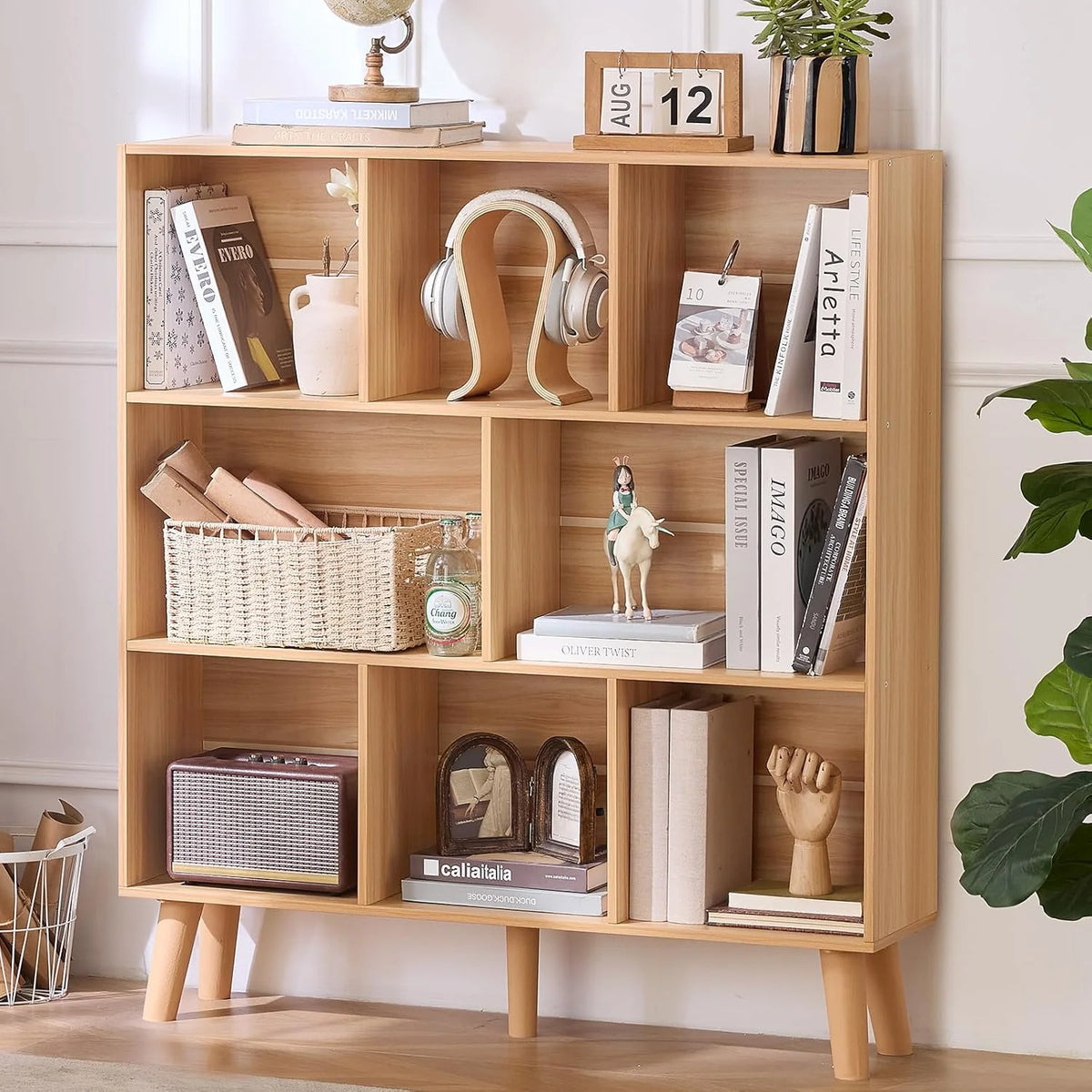 LEYAOYAO Wooden 7 Cube Book Shelf Natural Bookshelf Legs Modern Open Storage Organizer