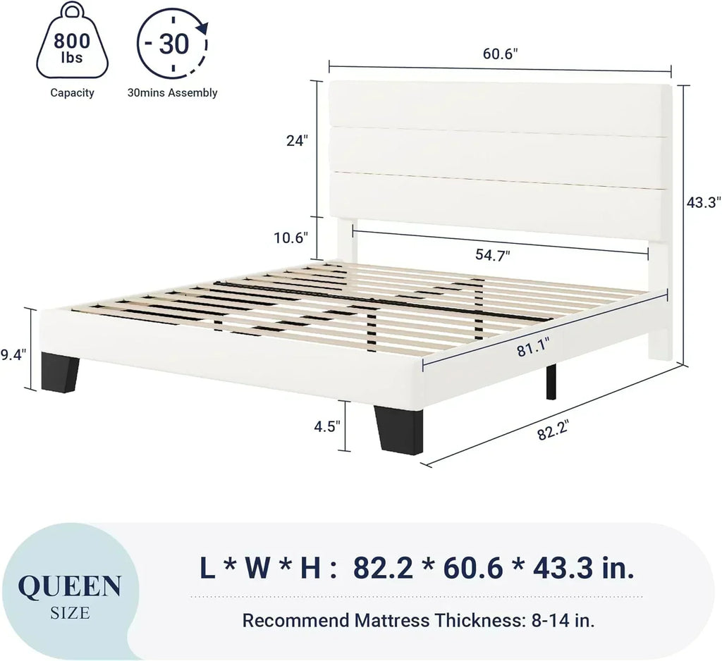 Allewie King size platform bed frame with velvet upholstered headboard and planks