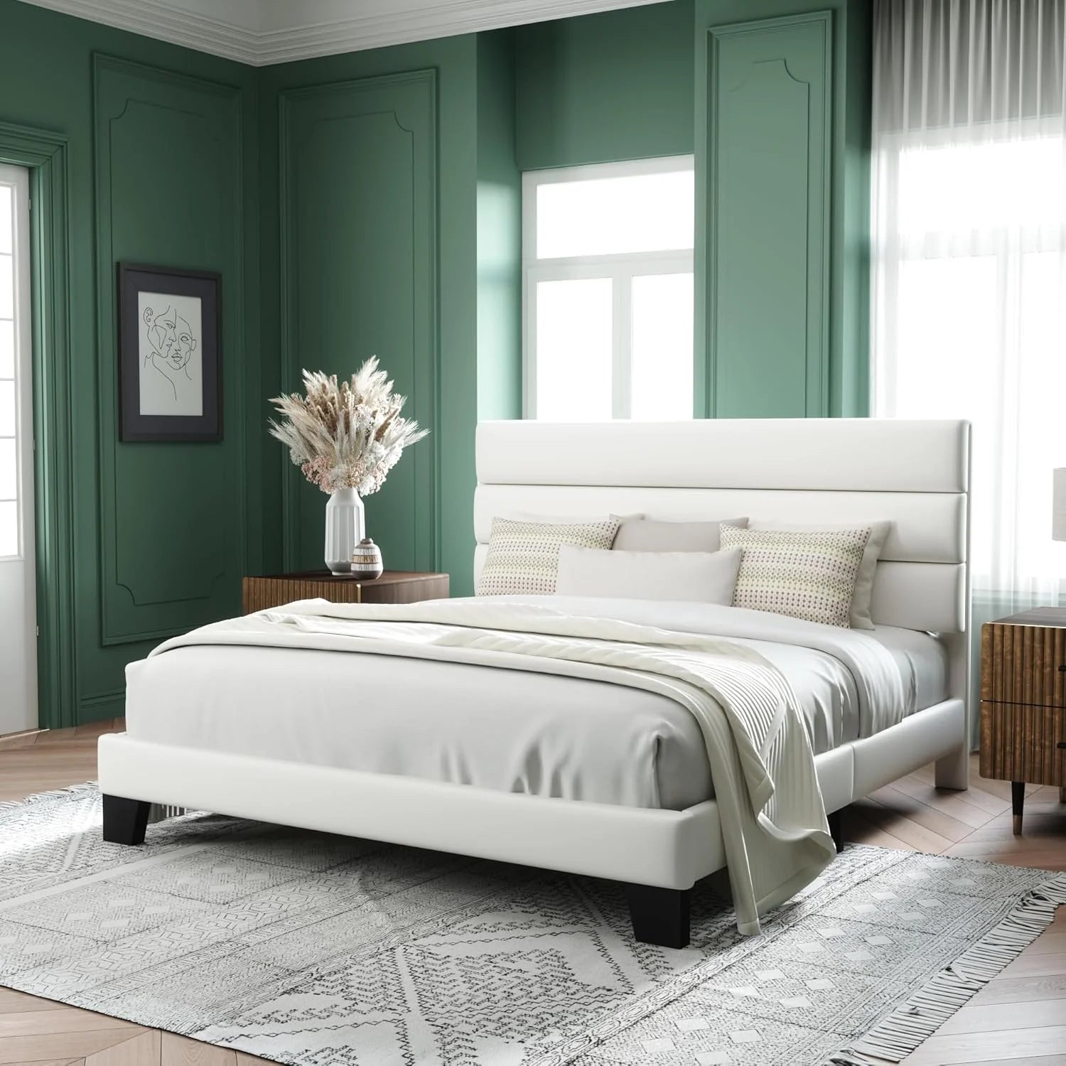 Allewie Queen Size Platform Bed Frame Fabric Upholstered Headboard Wooden Slats Support