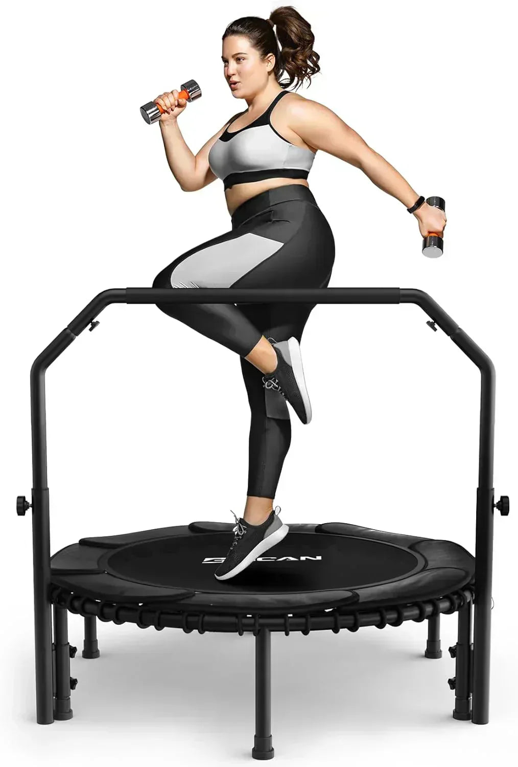 BCAN 450/550 LBS Foldable Mini Trampoline Fitness Trampoline Bungees Adjustable Foam Handle