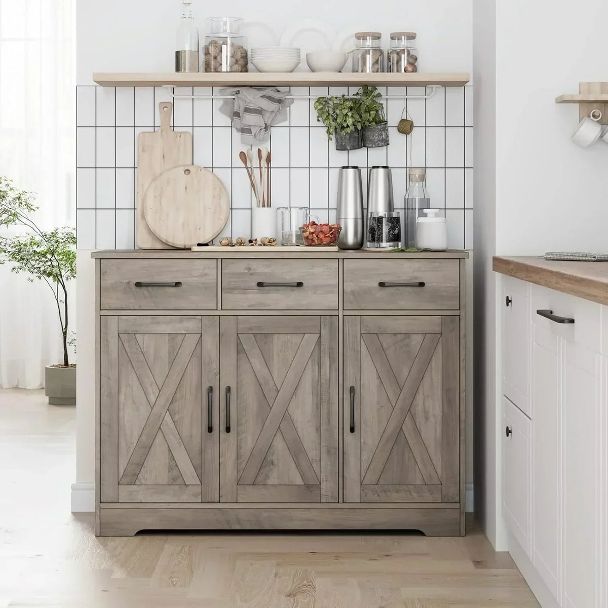 Modern farmhouse sideboard barn door buffet storage cabinet with drawers and shelves