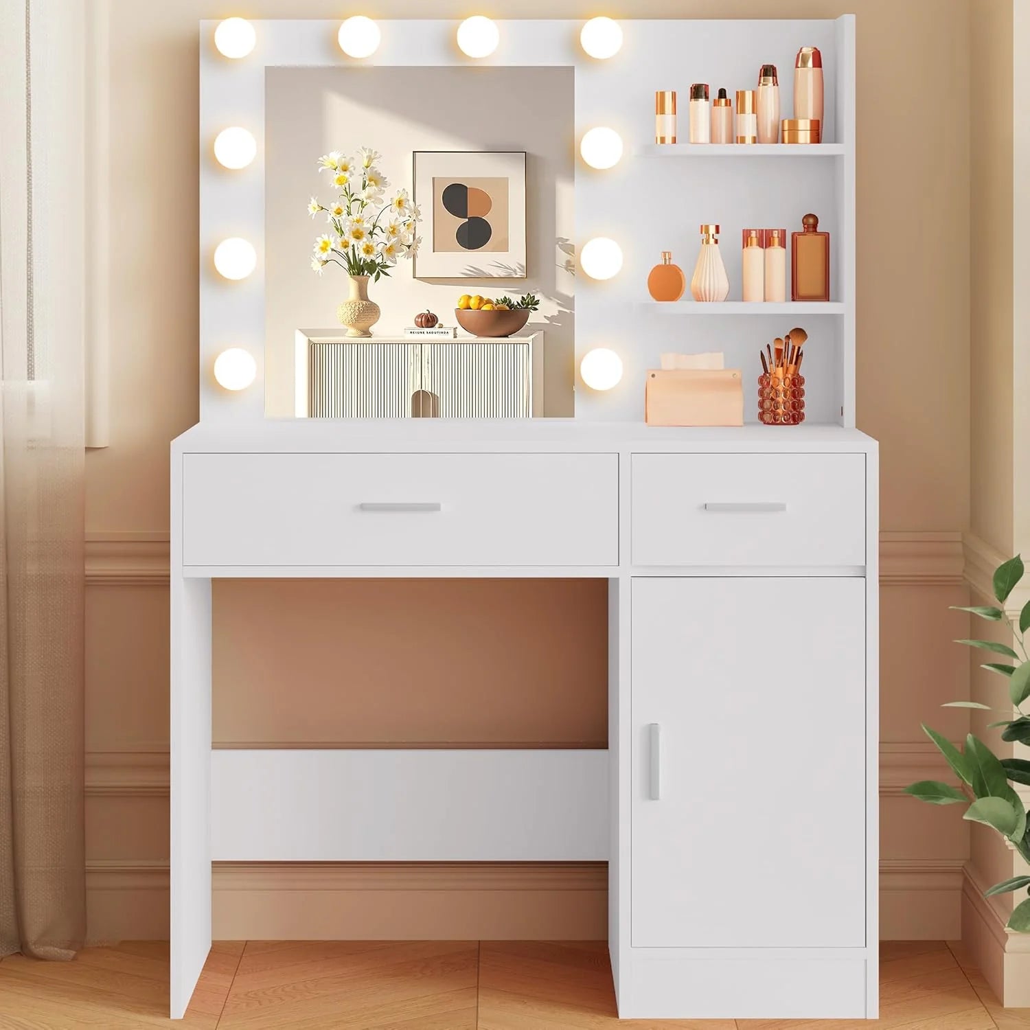 Lighted Makeup Vanity Desk, 35.4“W x 15.7'”D x 54“H, White with Lights and Mirror